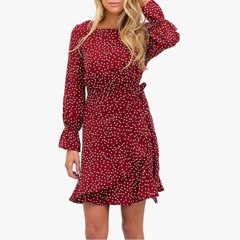 Red polkadot long sleeve wrap dress